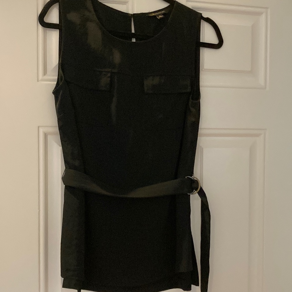 Sleeveless, black blouse with belt